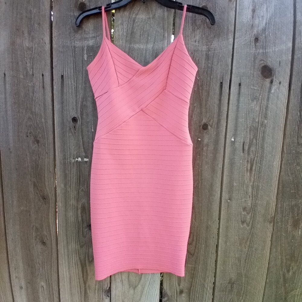 Pink Bandage Bodycon Olive Tree Mini Dress M Pullon V Neckline Ribbed Textured
